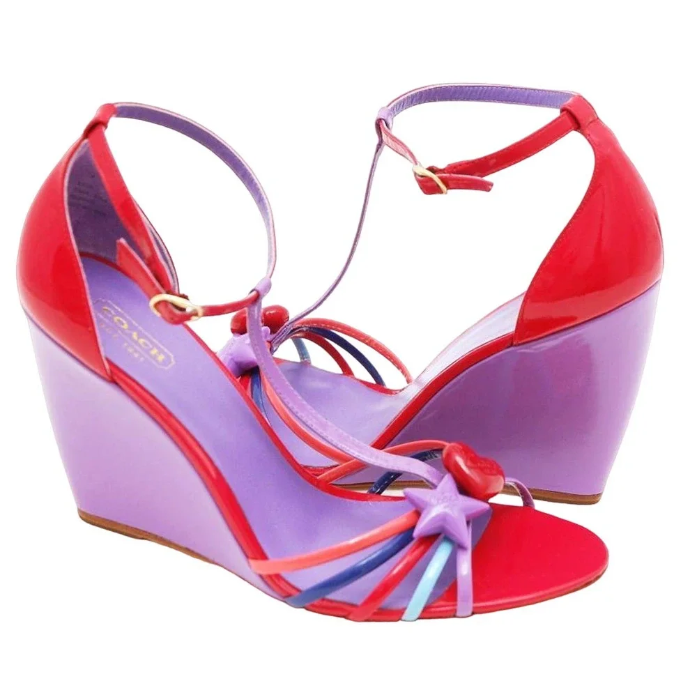 Coach TISHA Heart/Star Patent Leather Wedge Strappy Sandal Heel Pump 9.5 New - Picture 2 of 8